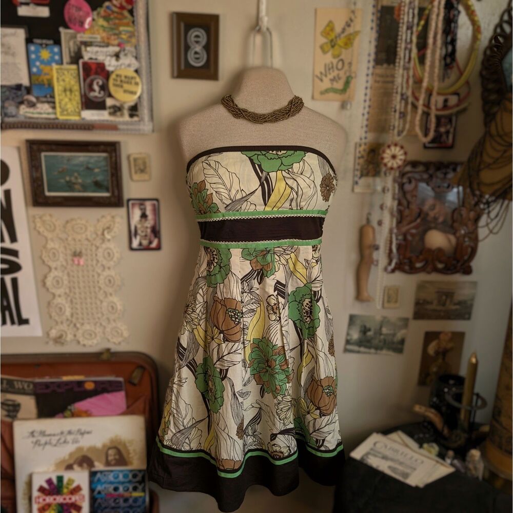 Y2K Floral Strapless Mini Dress Junior's/Women's 5 Small Brown Green